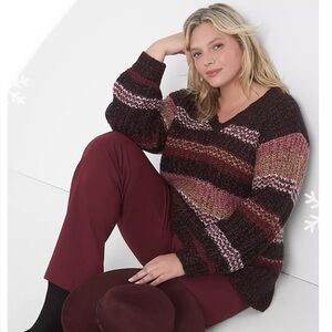 Lane Bryant Size 18/20 Classic Maroon Stripe Stitch Chinky Knit Pullover Sweater